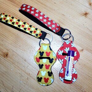 2 Piece (3 Total Sets) Mickey Mouse Keychain, Wristlet & Chapstick Holder, NEW